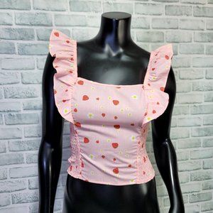 No Frills Womens S Pink Strawberry Pattern Smocked Sides‎ Ruffle Straps Crop Top